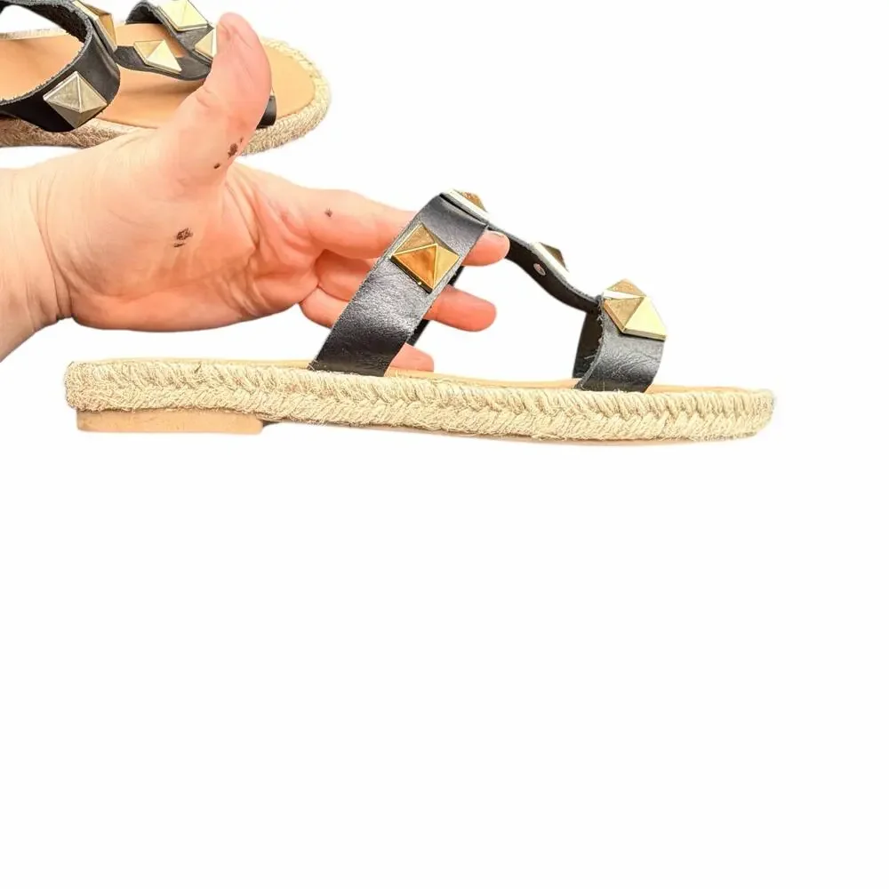 Maypol Studded Leather Espadrille Sandals Black Gold EU 38 US 7.5
